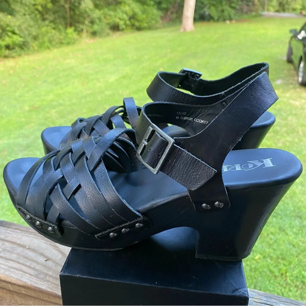 ✅ Korks Wooden Platform Wedge Heels Black Leather Strappy Womens size 10